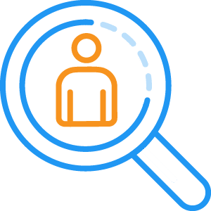 Icon of magnifying glass looking at icon of person