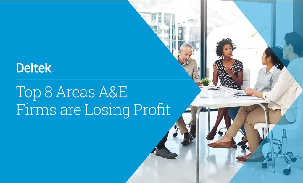 Business meeting with four professionals seated around a table, one speaking. Blue overlay with text: "Deltek: Top 8 Areas A&E Firms are Losing Profit.