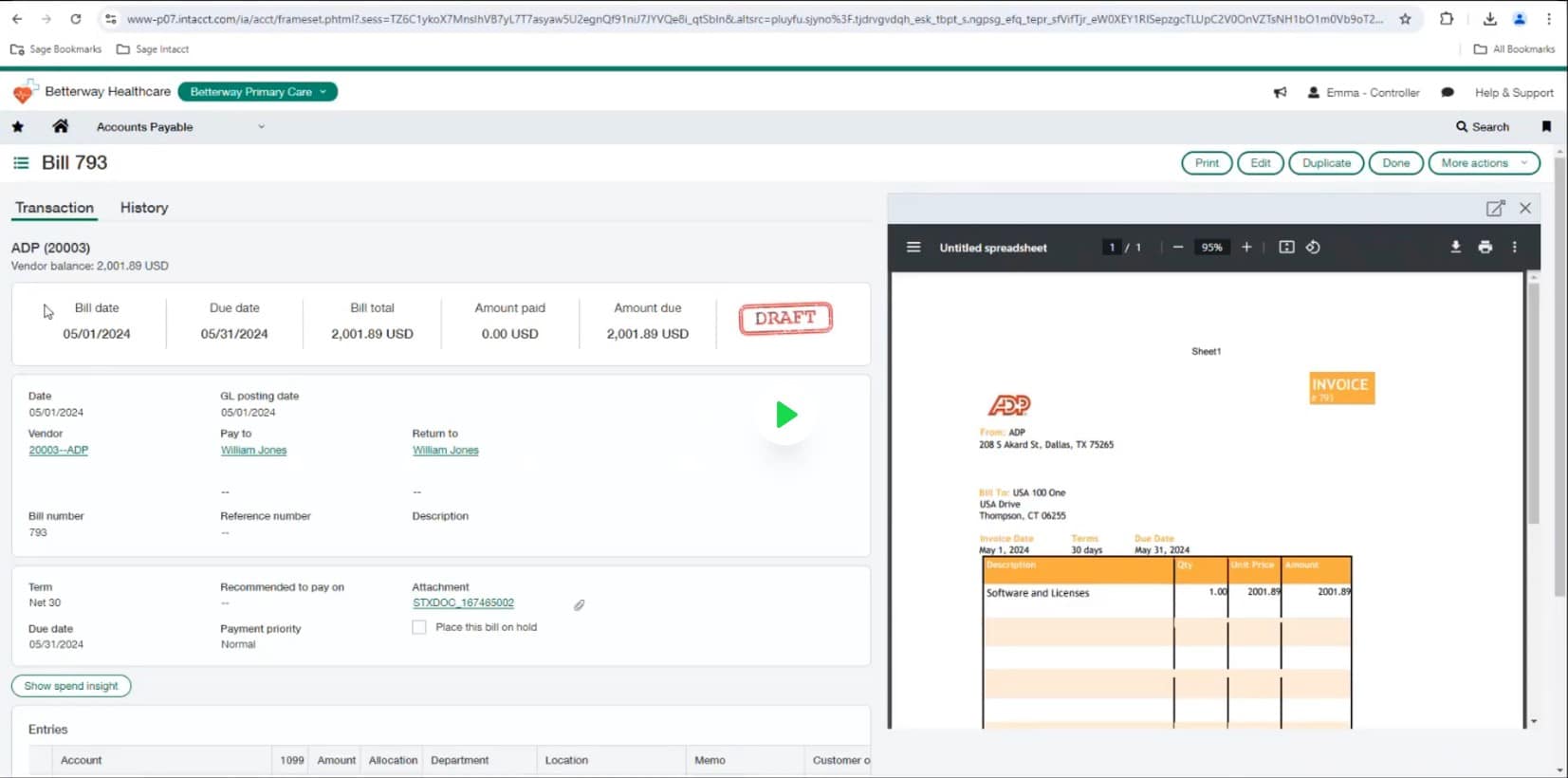 A computer screen showing an accounts payable interface. On the left, there's a bill with details like date, and amount. On the right, an invoice is partially visible, displaying a table with amounts. A "Draft" stamp is seen above the bill details.