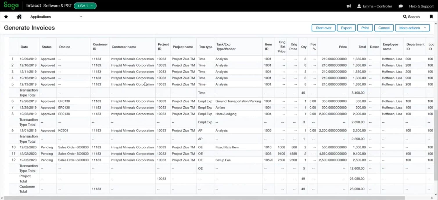 Screenshot of a spreadsheet titled "Generate Invoices" in Sage. It lists projects with columns for customer name, project ID, status, start/end date, type, contract, and details. Some fields show specific data, others are blank.