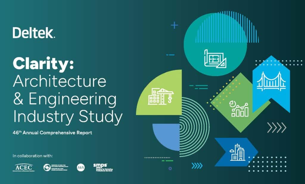 Deltek Clarity: Architecture & Engineering Industry Study cover, with geometric shapes and white line icons of buildings, blueprints, and bridges, along with partner logos at the bottom.