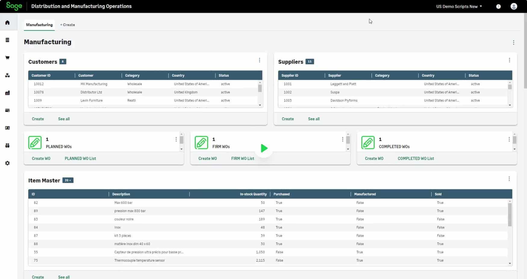Screenshot of a software dashboard titled "Distribution and Manufacturing Operations." It displays sections for Manufacturing, Suppliers, and Item Master. Tables contain data entries such as product names, categories, countries, and various statuses.