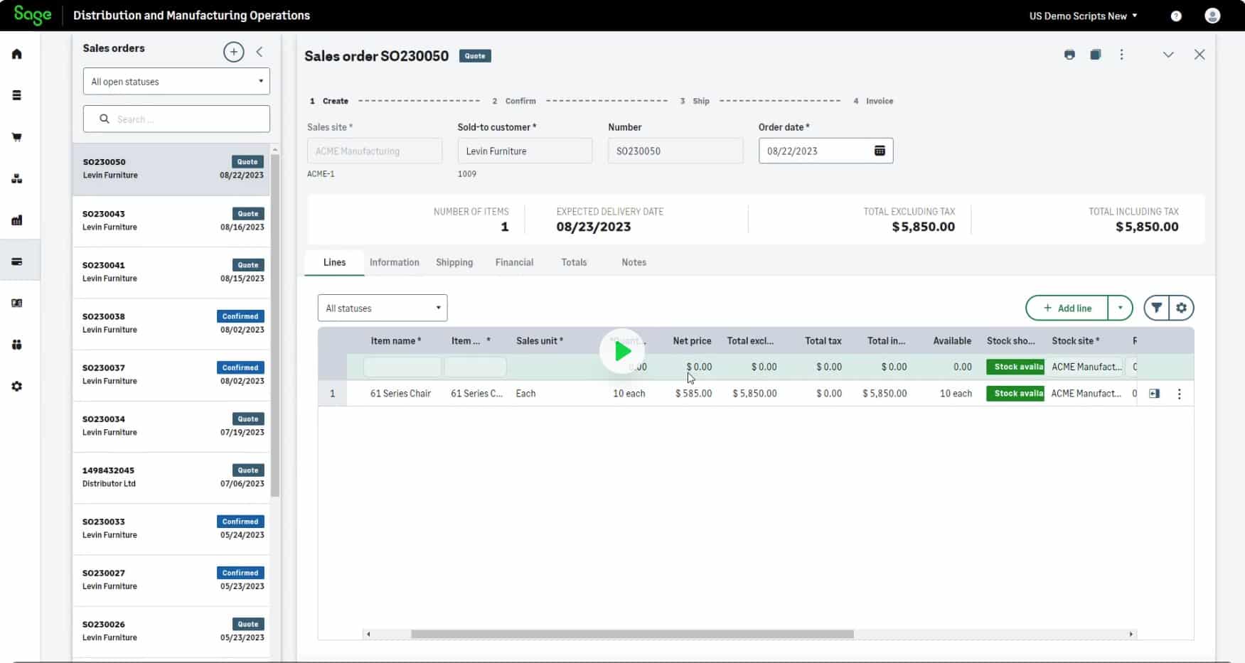 Screenshot of a Sage software interface showing a sales order. It lists an item with details like quantity, price, and totals. The total order value is $5,540. The layout includes tabs for information like items and shipping.
