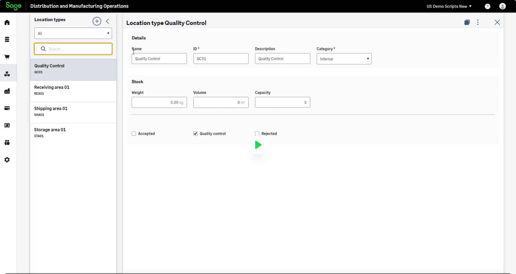 Screenshot of a manufacturing operations software interface showing a "Location type: Quality Control" form. Fields include 'Name', 'ID', 'Description', 'Category', and 'Stock' details like 'Weight', 'Volume', and 'Capacity'. Options: 'Accepted', 'Quality Control', 'Rejected'.
