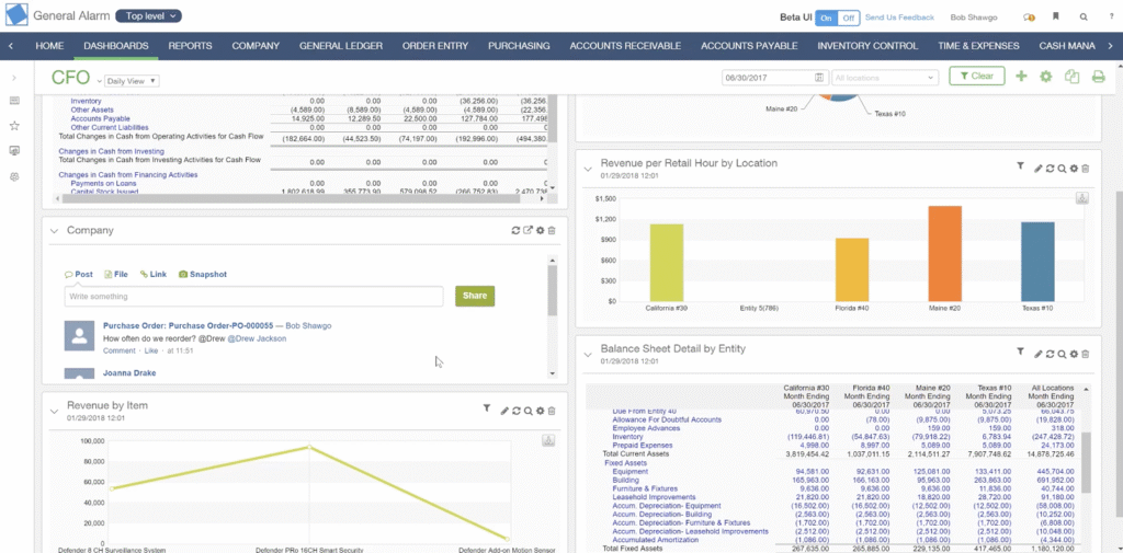 Screenshot of a financial dashboard displaying charts, graphs, tables, and key financial metrics, including revenue by location, balance sheet details, reminders, and financial performance trends for a company.