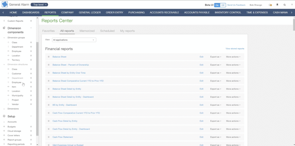 A web page titled "Reports Center" displays a list of financial reports, including balance sheets, income statements, and cash flow reports for private equity, with options to edit or export each report. A sidebar menu is visible on the left.