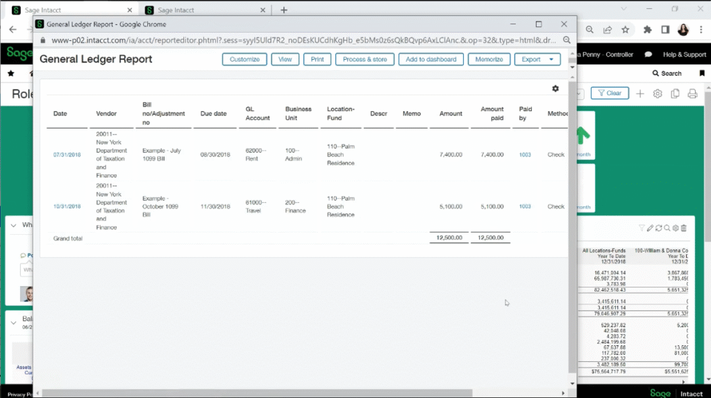 A computer screen displays a “General Ledger Report” with transaction details, dates, business units, locations, memos, amounts, and paid amounts in a table. Menu buttons such as Customize, Print, Export, and More are visible at the top.