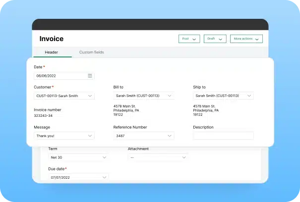 A digital invoice form interface displays fields for date, customer, billing and shipping addresses, invoice number, message, reference number, term, due date, and attachment options on a blue gradient background.