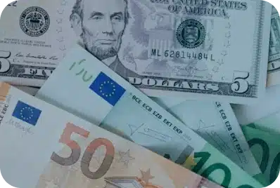 A close-up of U.S. dollar and euro banknotes, including a five-dollar bill and several euro notes in various denominations.
