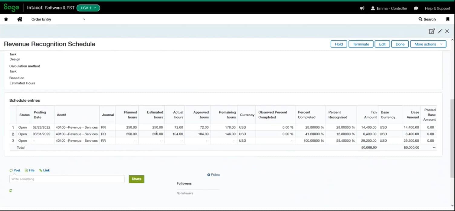 A Sage Intacct software screen shows a "Revenue Recognition Schedule" table with columns for task details, hours, amounts, percentages completed, and related financial data. Buttons for "Hold," "Edit," and "More actions" are visible.