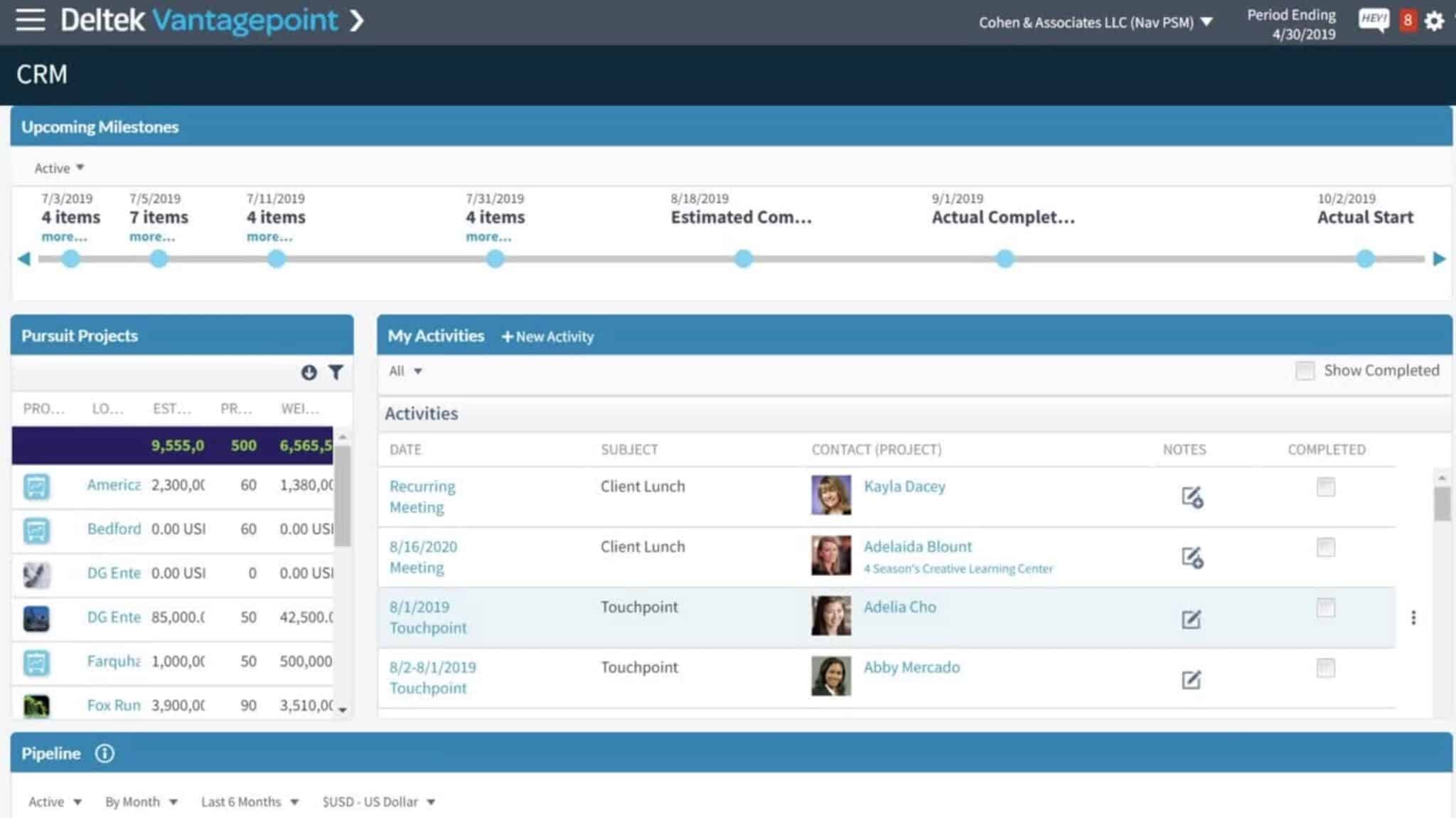 Screenshot of a Deltek Vantagepoint CRM dashboard showing upcoming milestones, a pursuit projects list with colored progress bars, and a table of recent activities featuring client names, dates, and team member photos.