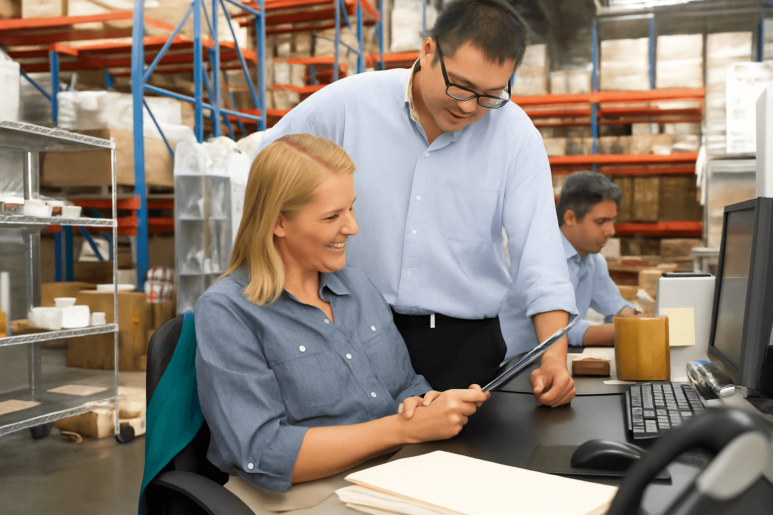 A woman sits at a desk in a warehouse, smiling and showing a digital tablet to a standing man—demonstrating solutions for manufacturing accounting challenges. Another man works at a computer nearby, with shelves of boxes behind them.