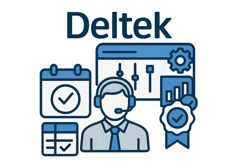 Illustration featuring the word "Deltek" above icons of a calendar, a dashboard, a support agent with a headset, a ribbon award, and a chart, symbolizing business management, support, and seamless Deltek implementation.
