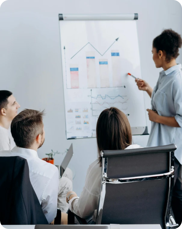 A woman presents data on a flip chart to three seated colleagues in an office. The chart shows bar graphs and line graphs with upward trends. The group appears engaged in the business presentation.