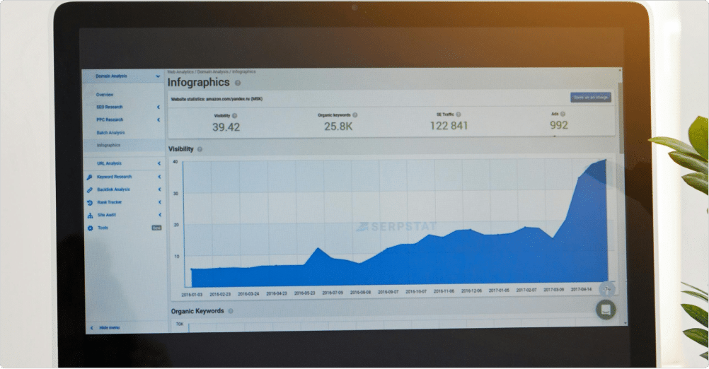 A computer screen displays a website analytics dashboard showing an upward trend graph, various statistics, and navigation menus on the left side. A green plant is partially visible to the right of the monitor.