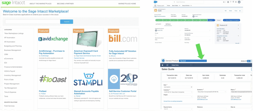 Screenshot of the Sage Intacct Marketplace homepage featuring apps, alongside a window displaying a sales quote interface with client and product details—highlighting tools available through Sage Intacct partners.