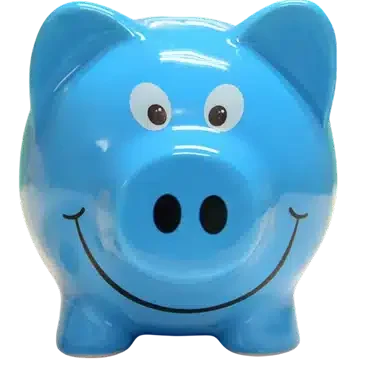 A blue piggy bank with a big smile and cartoonish eyes, facing forward.