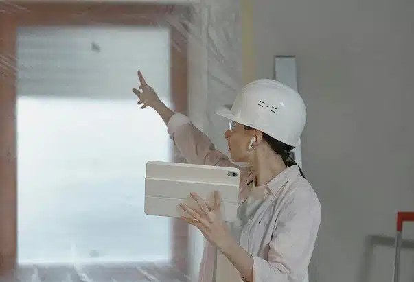 A person wearing a white hard hat and safety glasses holds a tablet and points towards a window or doorway inside a building under construction or renovation.