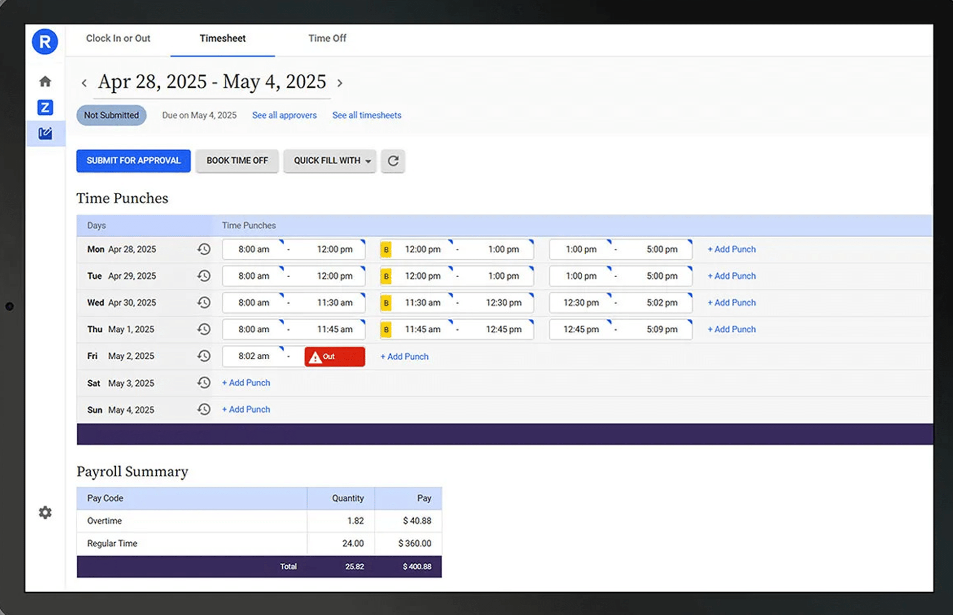 Replicon time capture interface for overtime tracking