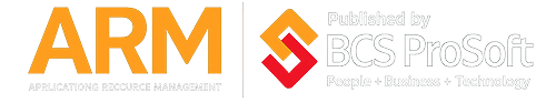 Logo with large orange "ARM" on the left and text "Published by BCS ProSoft" next to a red and yellow geometric icon on the right. Subtext reads "People. Business. Technology." Experts in technology consulting services.