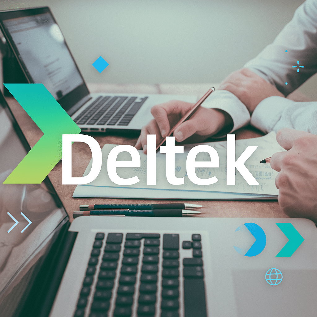 Two people sit at a desk with open laptops, one writing in a notebook. The word “Deltek” is overlaid in large text with colorful geometric graphics around it (professional services automation software).