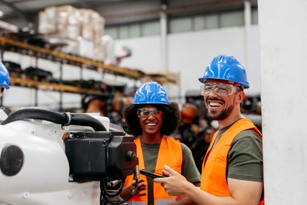 Two factory workers in blue hard hats, orange safety vests, and safety glasses smile and interact with a robot arm in an industrial warehouse setting. Shelves with equipment are visible in the background.