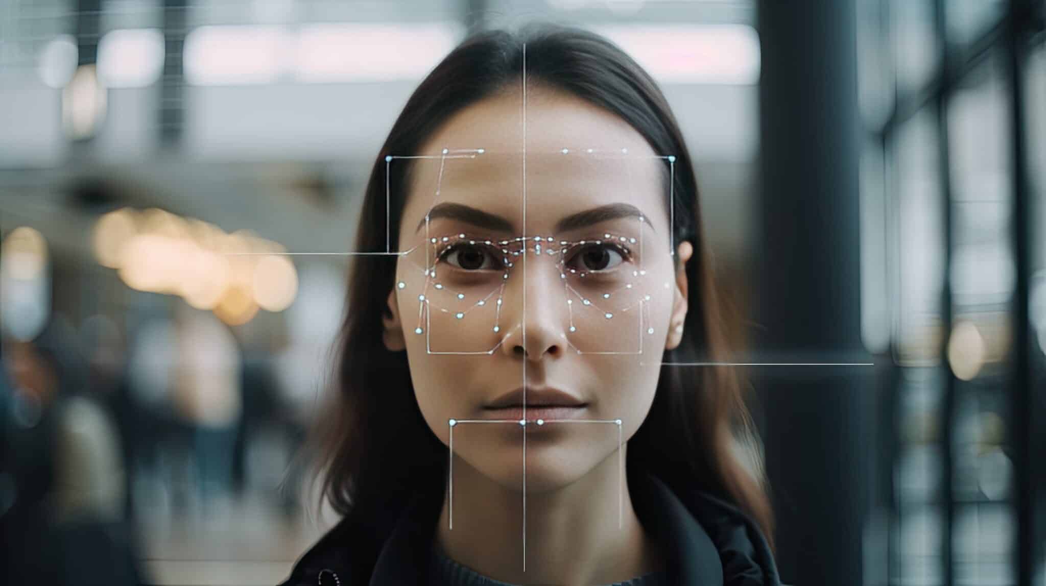 A woman’s face is overlaid with digital facial recognition markers and lines, suggesting biometric scanning technology for labor management, against a blurred indoor background.