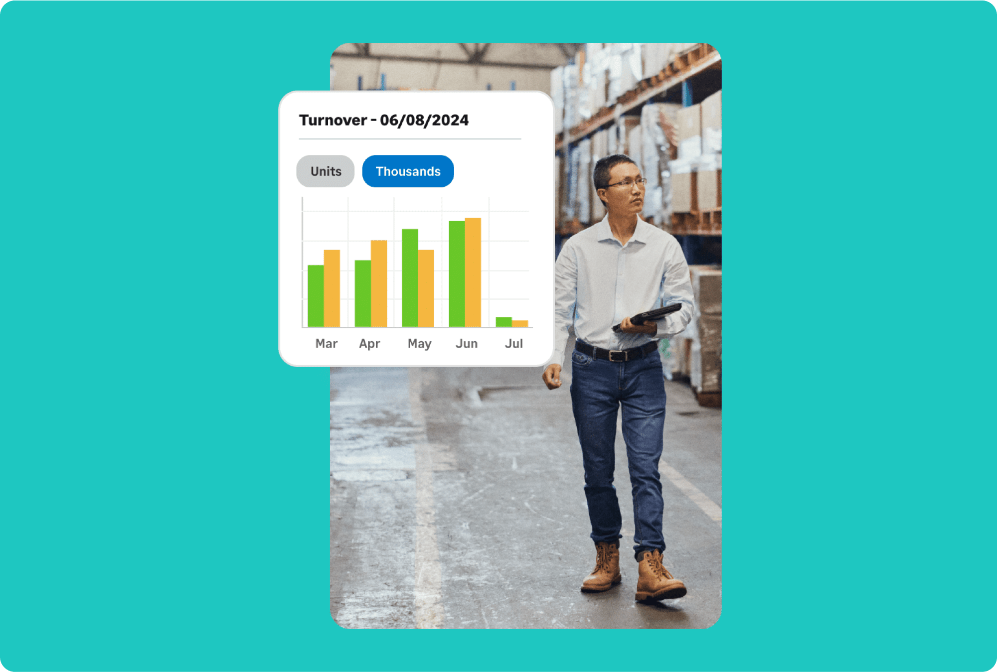 A man holding a tablet walks through a warehouse. Overlaid is a bar chart labeled “Turnover - 06/08/2024” with monthly data, highlighting how Sage Business Cloud or Sage 100 can streamline operations from March to July.
