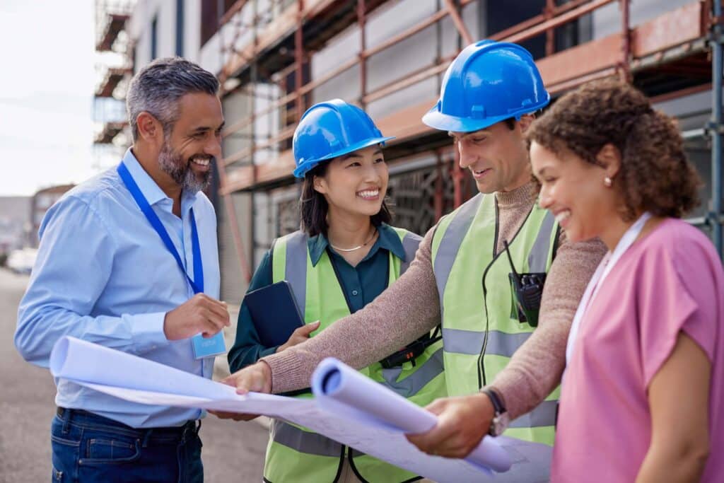 Four people, including two in blue safety helmets and reflective vests, are smiling and discussing blueprints at a construction site, where dcaa compliant time tracking ensures accuracy. Two others, a man and a woman, stand nearby, also engaged in the conversation.