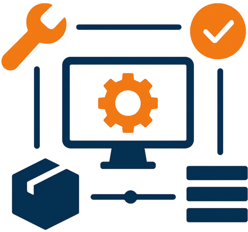 Stylized graphic showing a computer monitor with a gear icon, a wrench, a checkmark, a package, sliders, and database symbols, representing software tools, settings, and system management.