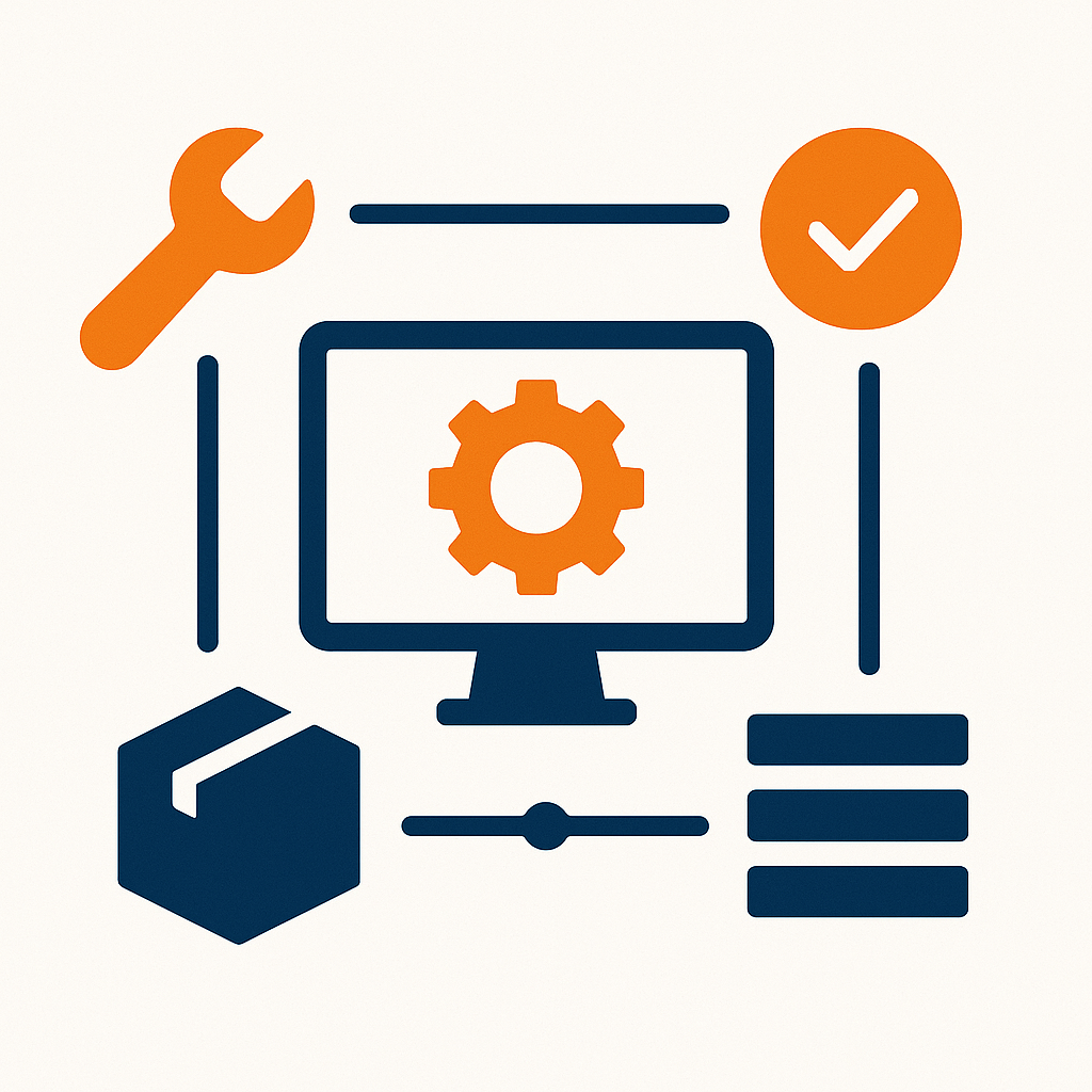 Illustration of a computer monitor with a gear on the screen, surrounded by icons of a wrench, checkmark, box, and database, representing settings, maintenance, storage, and package management.