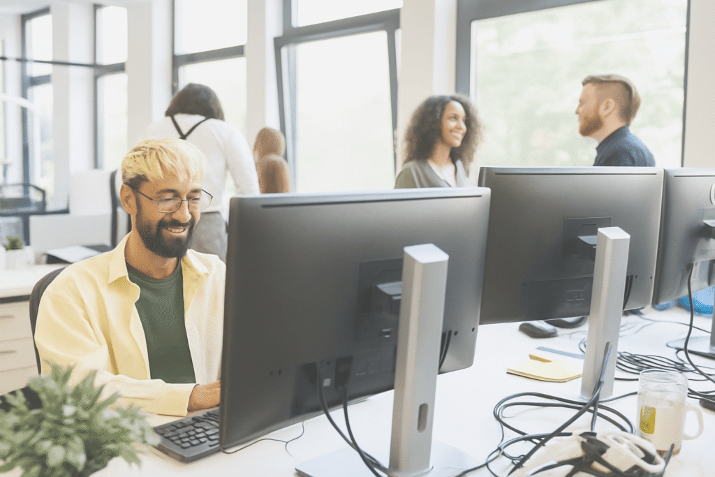A man with blond hair and glasses smiles while working at a computer in a modern, bright office, using the best time and attendance software. In the background, three people stand and talk near large windows. A plant and drink are on the desk.
