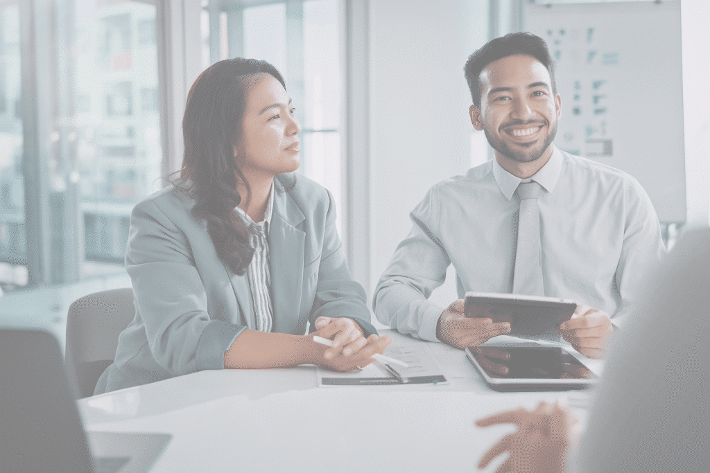 Two professionals in business attire sit at a table in a modern office, smiling and holding digital tablets, while another person speaks to them. Documents and laptops on the table suggest a discussion focused on workforce management solutions.
