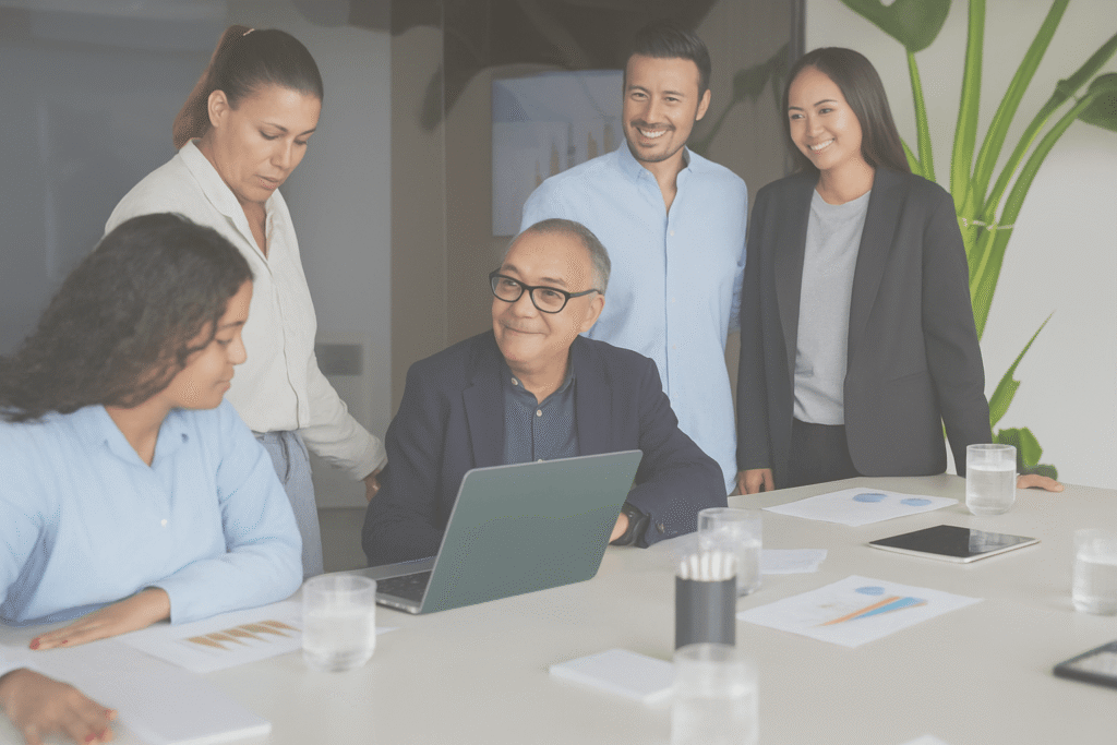 Five people in business attire gather around a conference table with documents and glasses of water, discussing work while a man in glasses uses a laptop. Everyone appears engaged and collaborative.