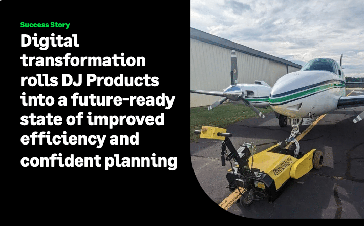 A small yellow aircraft tug is positioned in front of a white propeller plane on an airport tarmac. Text beside the image discusses DJ Products’ digital transformation success.