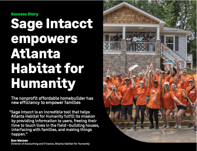 A large group of people in orange shirts cheer and pose outside a house as part of an Atlanta Habitat for Humanity event. Text highlights Sage Intacct’s role in empowering the nonprofit’s mission.