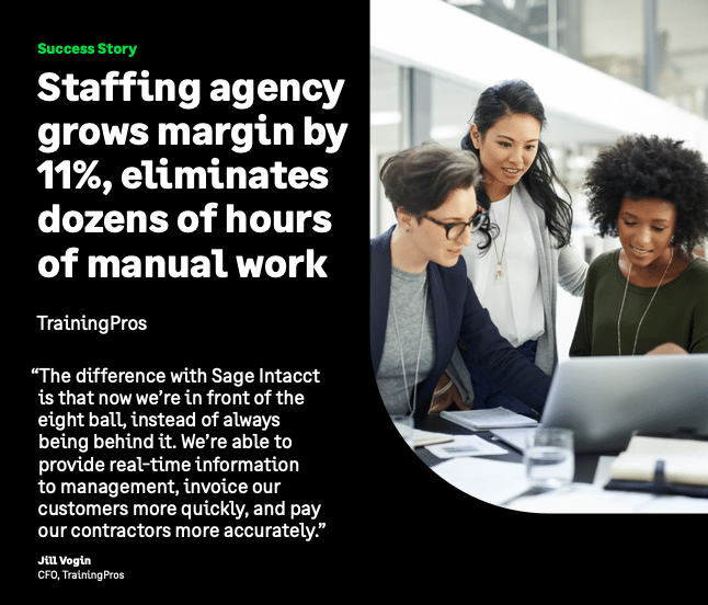 Three professionals collaborate around a laptop in a modern office. Text highlights a staffing agency's 11% margin growth and time savings using Sage Intacct, with a quote from Jill Vogin, CFO of TrainingPros.