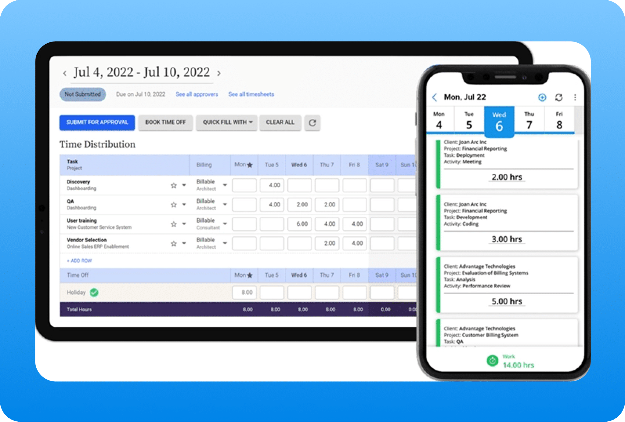 A tablet and a smartphone display time-tracking software. The tablet shows a weekly time entry table, while the phone shows a daily summary of tasks and logged work hours. Both screens have blue and white backgrounds.