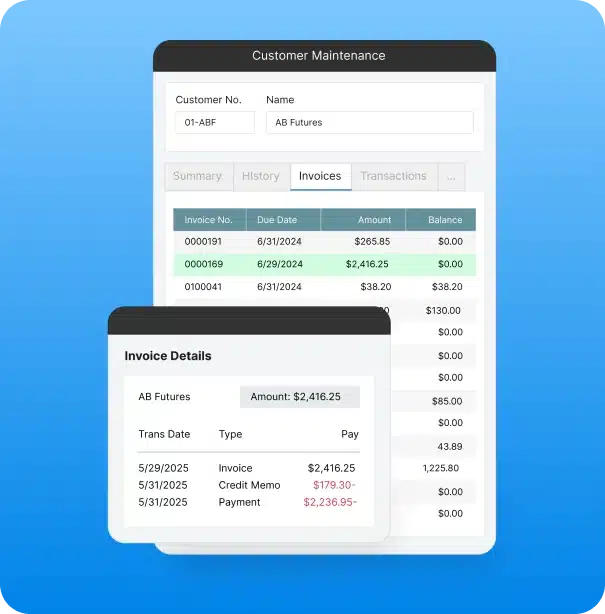 A digital interface displays customer maintenance with invoice details, including customer name, invoice numbers, due dates, amounts, balances, and transaction history. The background is blue with rounded corners on the screens.