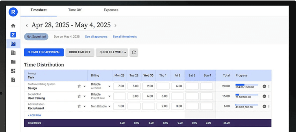 A digital timesheet displays tasks, billable hours, and daily entries for April 28 to May 4, 2025. Columns show days of the week, total hours, project names, task types, and a progress bar for each task.