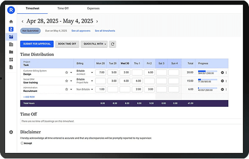 A digital timesheet interface displays work hours for various project tasks from April 28 to May 4, 2025, with fields for billing, hours per day, total hours, and progress, plus options to submit or book time off.