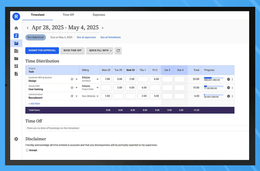 A digital timesheet interface displays weekly work hours by task, with columns for each day, total hours, and pay period. Options include "Submit for Approval" and a checkbox to accept a disclaimer for submitting timesheets.