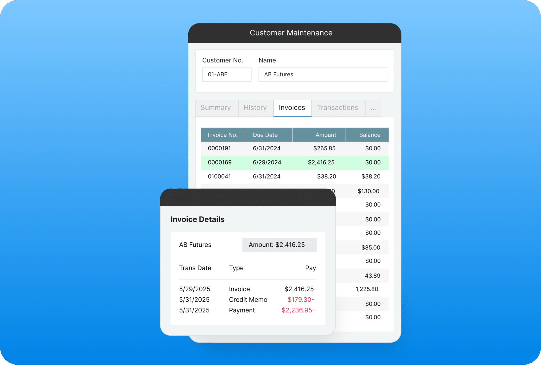 A customer maintenance app screen shows a list of invoices with dates, amounts, and balances. A pop-up titled "Invoice Details" displays transaction dates and amounts, with payments in red, over a blue gradient background.