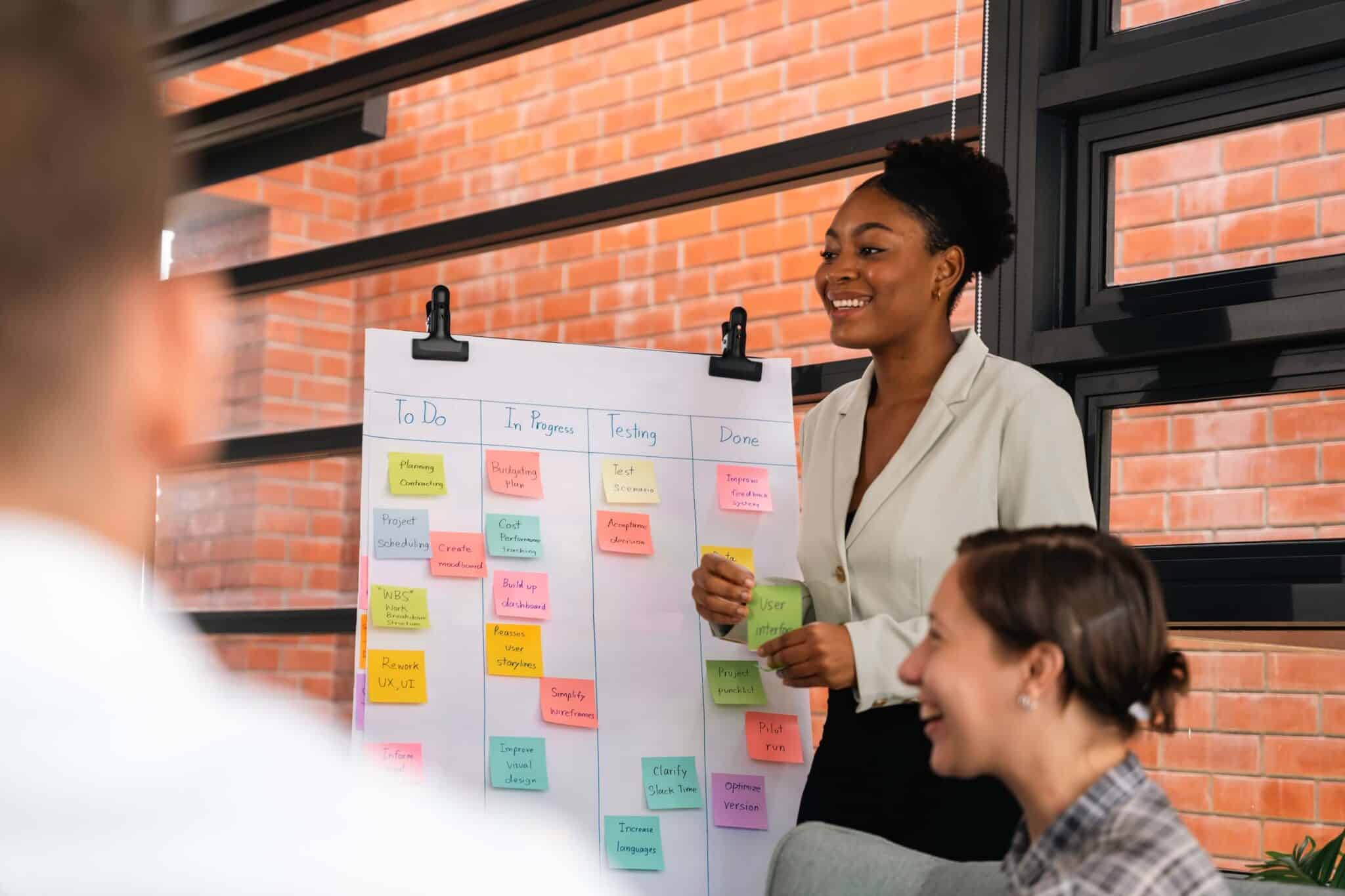 A woman stands by a whiteboard covered in colorful sticky notes, leading a discussion on resource assignment with two seated colleagues in a modern office setting.
