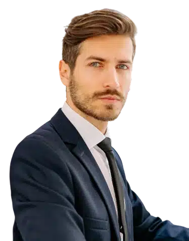 A man with light skin, short brown hair, and a trimmed beard is wearing a dark blue suit, white shirt, and black tie, looking confidently at the camera against a plain background.