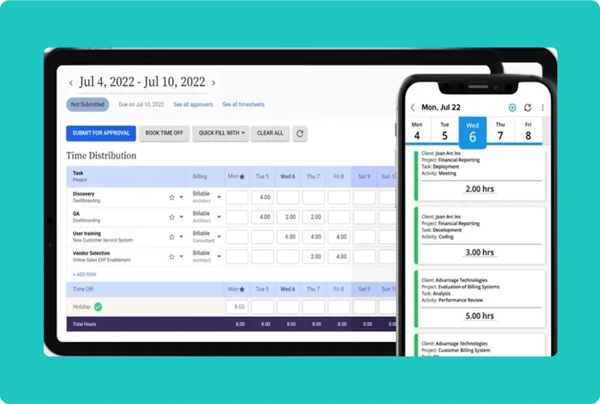 A tablet and a smartphone display time-tracking and scheduling apps. The tablet shows a time distribution sheet for work hours, while the phone displays a detailed daily work summary. Both screens have calendar and entry details.