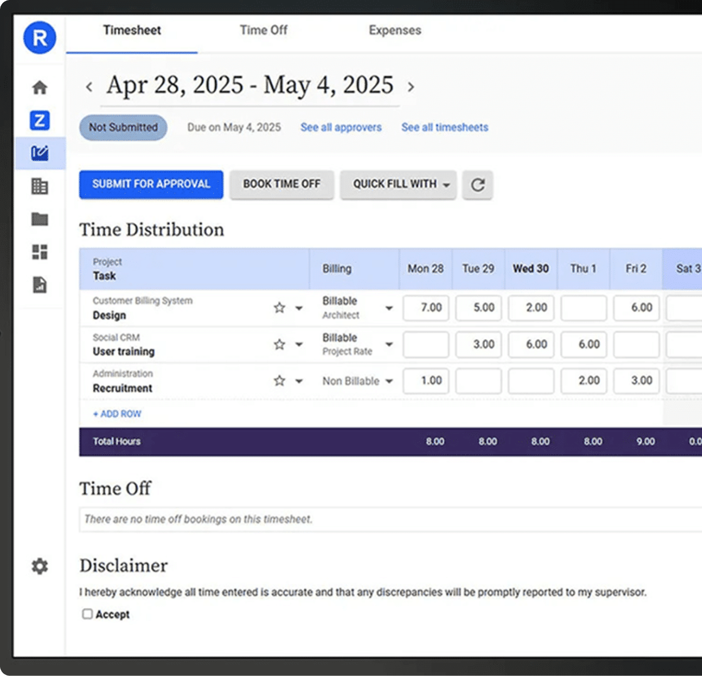 A digital timesheet for April 28 to May 4, 2025, displays project tasks, billing hours, and time entries for each weekday. Buttons for approval and time off, as well as a disclaimer, are visible on the screen.
