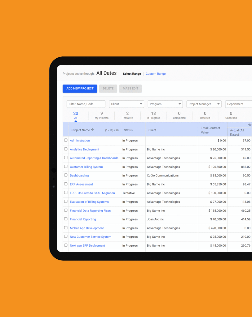 A tablet screen displays a project management dashboard listing projects, their status, company, total contract value, and actual value, set against an orange background.