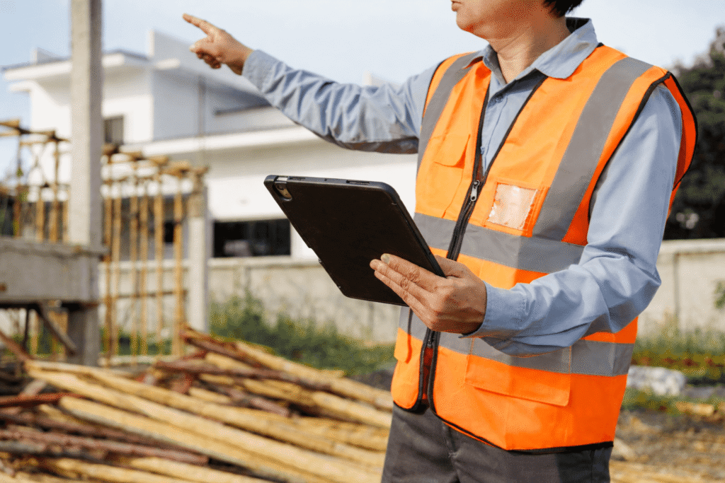 A construction worker wearing an orange safety vest holds a tablet and points toward a building site with scattered wooden beams, efficiently managing change order tracking.