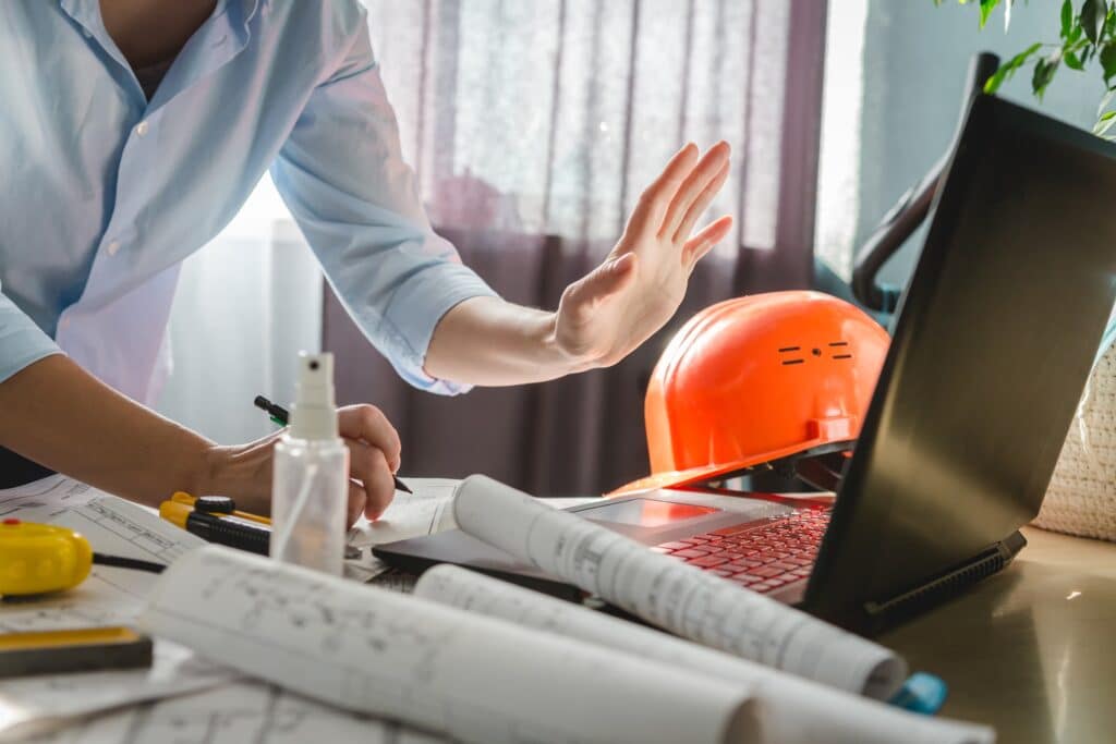 Person in a light blue shirt gestures at a laptop on a cluttered desk with construction blueprints and an orange safety helmet, embodying project management as sunlight streams through the window.